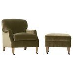 Marleigh chair angled view with matching olive velvet ottoman showing wooden legs with casters
