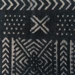 Close-up texture showing detailed white geometric mud cloth pattern on dark grey fabric