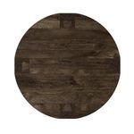 Overhead top view showing circular shape with visible dovetail joint patterns on thick oak veneer