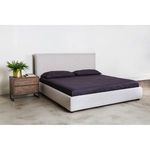 Luzon bed with dark bedding in minimalist room next to wooden nightstand with plants