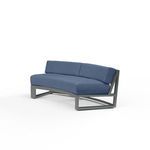 Redondo Curved Sofa with low back, blue cushions, and brushed slate powder coated aluminum frame