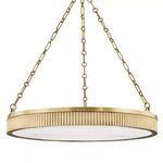 Lynden 8 Light Pendant chandelier with alabaster diffuser and fluted antique brass disc frame suspended by three chains