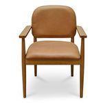 Norrie dining chair in caramel leather with continuous rubber wood frame from back to armrests
