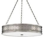 Gaines 6 Light Pendant with a round steel frame, perforated texture and rivet details, suspended by three chains