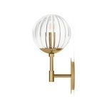 Sunset Sconce side profile showing brass arm holding clear ribbed globe