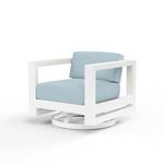 Outdoor swivel club chair with low back, powder coated white aluminum frame, and light blue cushions
