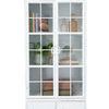 Front view of Oxford Glass Door Cabinet filled with books, plants, and decorative items