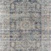 Vintage style blue and gray machine woven area rug with intricate faded floral and geometric patterns