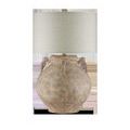 Pompeii Table Lamp featuring light beige fabric shade variation with textured terracotta base