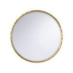 Round wall mirror with a hand hammered textured gold metal frame and clear reflective glass surface