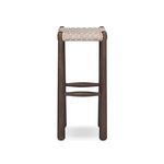 Back view showing two horizontal dark wood support bars and rounded tapered legs of outdoor stool