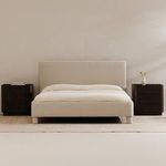 Full bedroom setup with Ichigo bed in beige upholstery flanked by dark wooden nightstands