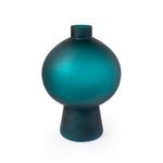 Large teal frosted glass vase with a round body and narrow cylindrical neck on a tapered base