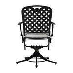 Straight rear view focusing on black lattice back and cushion secured with white straps
