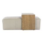 Macon Leather Ottoman with beige leather upholstery and integrated oak wood rectangular side table