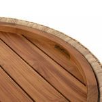 Top corner close-up of the wooden lid’s rounded handle carved into the planks