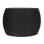 Back side view of black handwoven accent table with smooth curved profile