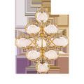 Storrs Chandelier viewed from slightly below, showcasing elegant gold iron swirls