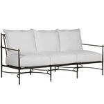 Roma Sofa angled view highlighting plush cushions and black aluminum frame with brass details