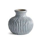 Soft blue Thessaly vase with ribbed texture, round body tapering at narrow neck, artisan ceramic finish