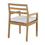 Rear view of teak arm chair featuring horizontal back slats and white seat cushion