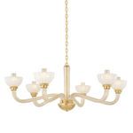 St. Lawrence chandelier with six upturned bowl-shaped opal seedy glass shades and fluted champagne glass arms in aged bras...