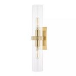 Briggs 2 Light Wall Sconce with knurled brass accents and tall cylindrical clear hurricane glass shades