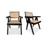 Takashi chair showing angled side view with dark brown elm frame and rattan seat and back