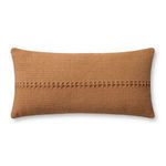 Muted orange elongated lumbar pillow with textured woven stripe across center, 12 by 27 inches
