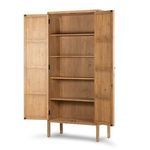 Open Knightdale Brown Wooden Cabinet displayed with decorative pottery and books inside in styled room