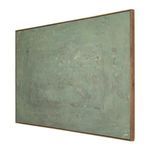 Side angled view showing depth of walnut frame around green textured abstract painting