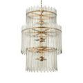 Detailed side view showing irregular edges and textures of clear glass bars attached to circular brass frames