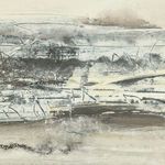 Close-up of layered charcoal and cream paint with visible abstract linear strokes