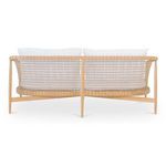 Rear view showing full woven Lloyd Loom back with teak frame and cushion tops