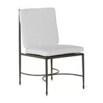 Roma Slate Gray Aluminum Side Chair with square white cushions and slim metal frame with decorative brass details