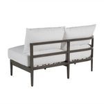 Rear perspective of Santa Barbara left-arm sectional with white cushions on slate gray metal frame