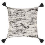 Square Stonework Throw Pillow with black and white painted toile design, textured cotton linen front, corner tassels