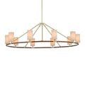 Side view of chandelier with all linen shades lit, highlighting ring and rod structure