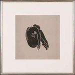 Hand-painted painting featuring a black silhouetted figure curled up against a beige background with white mat and slim frame