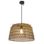Pendant light against white background with centered light bulb and natural paper rope weave