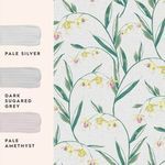 Three paint swatches labeled pale silver, dark sugared grey, and pale amethyst beside wallpaper sample