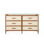 Front view of Toulon dresser showing symmetrical six inset drawers with leather-wrapped brass pulls