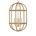 Oval-shaped rattan chandelier with candle lights hanging from chain and ceiling mount