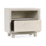 Reece Nightstand with drawer partially open showing dark wood interior and metal drawer slide
