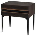 Front view of the Prana Side Table showing the drawer closed and angled slim metal legs