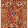 Padma Orange / Multi Rug with bold asymmetrical floral motifs in orange, blue, green, and cream on thick wool pile