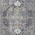Traditional charcoal and gold-colored rectangular rug with intricate vintage-inspired medallion and border pattern