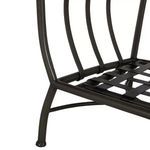 Close-up of metal frame's corner leg and slat detail in dark slate gray finish