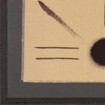 Close-up of lower left corner showing textured beige canvas and distinct black brushstroke lines over dark mat