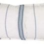 Back side of the blue stripe linen cashmere sham showing slightly wrinkled fabric and seam detail